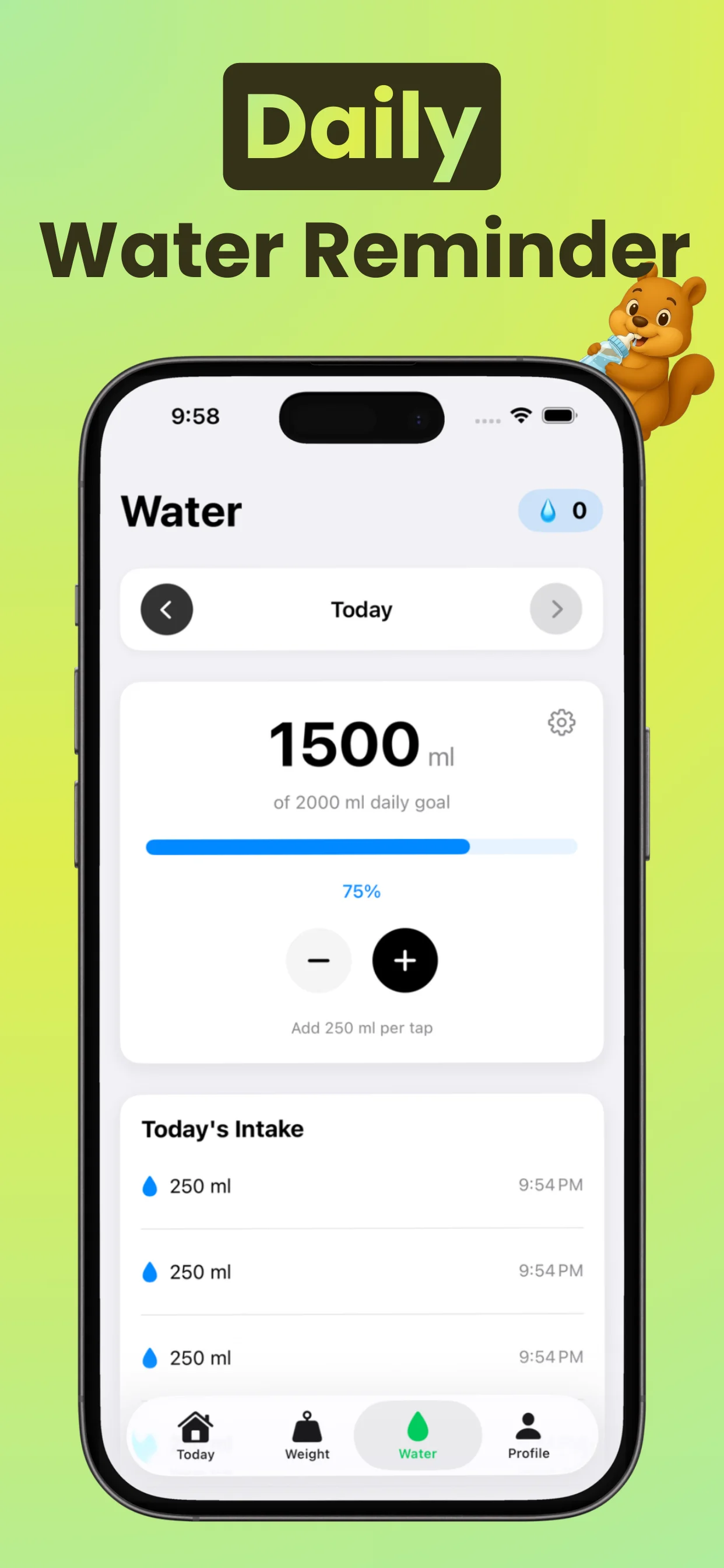 Daily water intake reminder